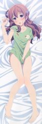 Rule 34 | 1girl, absurdres, barefoot, bed sheet, bottomless, brown hair, dakimakura (medium), earphones, feet, full body, girlish number, highres, huge filesize, karasuma chitose (girlish number), long hair, looking at viewer, lying, official art, on back, open mouth, purple eyes, scan, shirt, solo, spread toes, t-shirt, toes