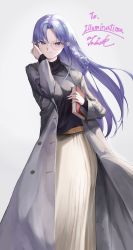 Rule 34 | 1girl, absurdres, alternate costume, bespectacled, black sweater, blue hair, book, braid, coat, commission, fate/grand order, fate/stay night, fate (series), glasses, grey coat, hand on own cheek, hand on own face, highres, holding, holding book, light purple hair, light smile, long coat, long hair, long skirt, looking at viewer, medea (fate), pointy ears, purple eyes, side braid, skirt, solo, sweater, taino kou, turtleneck, turtleneck sweater, white skirt