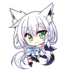 Rule 34 | 1girl, :&gt;, animal ear fluff, animal ears, black footwear, black shorts, black thighhighs, blue neckerchief, braid, chibi, commentary request, detached sleeves, double fox shadow puppet, earrings, fox ears, fox girl, fox shadow puppet, fox tail, green eyes, hair between eyes, highres, hololive, hood, hoodie, jewelry, leg up, long hair, looking at viewer, neckerchief, shirakami fubuki, shirakami fubuki (1st costume), short shorts, shorts, sidelocks, simple background, single braid, single thighhigh, smile, solo, tail, thigh strap, thighhighs, ut pictura poesis, very long hair, virtual youtuber, white background, white hair, white hoodie