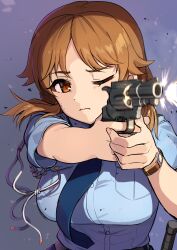 1girl breasts brown_eyes brown_hair commentary_request firing gun handgun highres idolmaster idolmaster_cinderella_girls japan_national_police kamille_(vcx68) katagiri_sanae large_breasts lips muzzle_flash necktie one_eye_closed police police_uniform policewoman redrawn revolver solo upper_body watch weapon