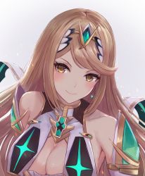 Rule 34 | 1girl, armor, armpits, bare shoulders, blonde hair, blush, breasts, cleavage, cleavage cutout, closed mouth, clothing cutout, collarbone, commentary, gem, grey background, headpiece, large breasts, leonmandala, long hair, looking at viewer, mythra (xenoblade), nintendo, pauldrons, pink lips, shoulder armor, simple background, sleeveless, smile, solo, straight hair, swept bangs, upper body, very long hair, xenoblade chronicles (series), xenoblade chronicles 2, yellow eyes