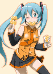 Rule 34 | 1girl, bad id, bad pixiv id, black thighhighs, blue eyes, blue hair, blue nails, blush, detached sleeves, doughnut, eating, food, hatsune miku, long hair, matching hair/eyes, microphone, mister donut, nail polish, necktie, one eye closed, orange necktie, pleated skirt, skirt, solo, thighhighs, twintails, vocaloid, wink, youkan, zettai ryouiki