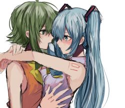 Rule 34 | 2girls, aqua eyes, aqua hair, aqua neckwear, arms around neck, bare shoulders, commentary, gomiyama, green eyes, green hair, grey shirt, gumi, hair ornament, hand on another&#039;s chest, hatsune miku, highres, long hair, looking at another, mouth hold, multiple girls, necktie, necktie in mouth, orange shirt, shirt, shoulder tattoo, sketch, sleeveless, sleeveless shirt, tattoo, twintails, upper body, very long hair, vocaloid, white background, yuri