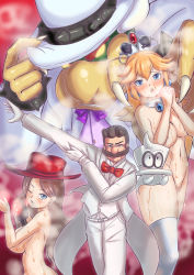 Rule 34 | 2boys, 2girls, big nose, blonde hair, bowser, bowser (tuxedo), breasts, brooch, brown hair, cappy (mario), censored nipples, claws, convenient arm, convenient censoring, covering privates, covering breasts, donkey kong (series), facial hair, female pubic hair, formal, gloves, hat, highres, jewelry, mario, mario (series), multiple boys, multiple girls, mustache, nintendo, nude, outstretched arm, pauline (mario), princess peach, pubic hair, red headwear, suit, super mario odyssey, sweat, tiara, tiara (mario), top hat, tuxedo, white gloves, white headwear, white suit, yukihana (awa)
