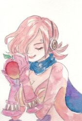 Rule 34 | 1girl, apple, blue neckerchief, closed eyes, commentary request, curly eyebrows, dress, food, fruit, gloves, hair over one eye, headphones, highres, holding, holding food, holding fruit, neckerchief, one piece, painting (medium), pink dress, pink gloves, pink hair, short hair, simple background, solo, tongue, tongue out, traditional media, upper body, vinsmoke reiju, watercolor (medium), white background, yachiy0