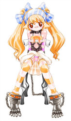 Rule 34 | 1girl, :3, bandages, bandaid, bandaid on face, bandaid on nose, bow, brown eyes, chain, collar, cuffs, full body, hair bow, metal, midriff, miito shido, orange hair, panties, ribbon, simple background, solo, standing, striped bow, striped clothes, striped thighhighs, thighhighs, twintails, underwear, white background