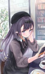 Rule 34 | 1girl, beret, black dress, black hat, blonde hair, blue eyes, blunt bangs, blush, book, bookshelf, brown shirt, coffee, coffee mug, commentary, cup, dress, elf, gradient hair, hand on own cheek, hand on own face, hat, head rest, highres, holding, holding book, hololive, hololive english, indoors, long hair, long sleeves, looking at viewer, mole, mole under eye, mug, multicolored hair, ninomae ina&#039;nis, ninomae ina&#039;nis (casual), official alternate costume, open book, parted lips, pinafore dress, plate, pointy ears, puffy long sleeves, puffy sleeves, purple hair, saucer, shin murasame, shirt, sitting, sleeveless, sleeveless dress, solo, striped clothes, striped shirt, table, tiara, virtual youtuber, window