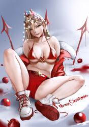 Rule 34 | 1girl, alternate costume, apple, armpit crease, arms behind back, artist name, bikini, bikini top only, blonde hair, blood, breasts, chainsaw man, chinese commentary, choker, christmas, collarbone, commentary, commentary request, cross-shaped pupils, demon horns, easonx, english commentary, eyewear on head, food, fruit, full body, fur-trimmed jacket, fur trim, hair between eyes, head tilt, highres, horns, jacket, knee up, large breasts, legs, long hair, looking at viewer, merry christmas, mixed-language commentary, parted lips, partial commentary, power (chainsaw man), red bikini, red choker, red footwear, red horns, red jacket, red shorts, sharp teeth, shiny skin, shoes, short shorts, shorts, sidelocks, sitting, skindentation, sneakers, solo, star-shaped eyewear, star (symbol), swimsuit, symbol-shaped pupils, teeth, white footwear, yellow eyes