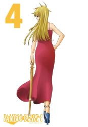 Rule 34 | 1girl, bamboo blade, bamboo blade c, blonde hair, dress, high heels, long hair, nabeyama sami, official art, red dress, shinai, simple background, solo, sword, takao jingu, weapon
