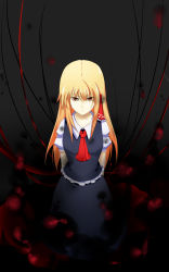 Rule 34 | 1girl, absurdres, angry, ao (syoulass7), arms behind back, blonde hair, dark background, darkness, dress, highres, long hair, aged up, ribbon, rumia, solo, touhou