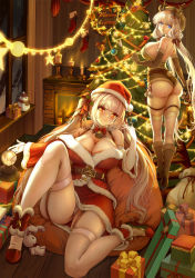 Rule 34 | 2girls, absurdres, ass, azur lane, bare shoulders, bell, belt, blue eyes, boots, box, breasts, brown footwear, brown gloves, candle, christmas, christmas ornaments, christmas tree, cleavage, collar, elbow gloves, fireplace, formidable (azur lane), fur-trimmed headwear, fur-trimmed skirt, fur trim, garter straps, gift, gift box, gift wrapping, gloves, hat, high heel boots, high heels, highres, huge breasts, illustrious (azur lane), jacket, ladder, large breasts, legs, long hair, looking at viewer, looking back, merry christmas, miniskirt, multiple girls, neck bell, off-shoulder jacket, off shoulder, orange eyes, red headwear, red jacket, red skirt, santa costume, santa hat, skindentation, skirt, theleopardcat, thighhighs, twintails, very long hair, white legwear, wooden floor