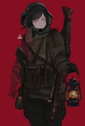Rule 34 | 1girl, absurdres, black gloves, black hair, closed mouth, cowboy shot, gloves, green jacket, green pants, gun, headphones, headset, helmet, highres, holding, holding lantern, jacket, lantern, long sleeves, looking at viewer, machine gun, mg42, microphone, military, military uniform, mole, mole under eye, original, pants, pink eyes, polilla, pouch, red background, simple background, solo, standing, uniform, weapon