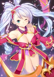 Rule 34 | 1girl, ;), aqua eyes, artist name, bad id, bad pixiv id, bare shoulders, blue hair, blush, breasts, cleavage, detached sleeves, goyain, hair ornament, hairband, heart, heart hair ornament, highres, large breasts, league of legends, looking at viewer, musical note, one eye closed, quaver, smile, solo, sona (league of legends), sparkle, sweetheart sona, treble clef, twintails