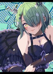 Rule 34 | 1girl, antlers, bare shoulders, black sleeves, black thighhighs, blush, bob cut, breasts, ceres fauna, ceres fauna (goth), chest harness, cleavage, crinoline, danball shiro, detached sleeves, dress, fishnet thighhighs, fishnets, flower, frilled dress, frills, green hair, hair flower, hair ornament, hair over one eye, harness, highres, hololive, hololive english, horns, jewelry, lace sleeves, large breasts, looking at viewer, mole, mole under eye, necklace, short dress, short hair, solo, strapless, strapless dress, thighhighs, tongue, tongue out, virtual youtuber, yellow eyes