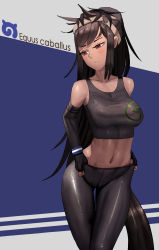 Rule 34 | 10s, 1girl, 1s44c, absurdres, adjusting clothes, bad id, bad pixiv id, bare shoulders, black gloves, black pants, blush, breasts, brown hair, brown thoroughbred (kemono friends), closed mouth, collarbone, cowboy shot, dark-skinned female, dark skin, elbow gloves, expressionless, fingerless gloves, gloves, headband, highres, horse girl, horse tail, japari symbol, kemono friends, latin text, long hair, looking to the side, medium breasts, navel, pants, pantyhose, red eyes, sleeveless, solo, standing, stomach, sweatband, swept bangs, tail, tank top, thigh gap, tight clothes, tight pants, tsurime, two-tone background