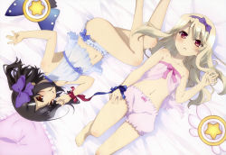 Rule 34 | 2girls, absurdres, babydoll, barefoot, bed, black hair, blonde hair, bloomers, blue panties, blush, chemise, child, fate/kaleid liner prisma illya, fate (series), feet, from above, hair ornament, hair ribbon, headband, highres, illyasviel von einzbern, legs, lingerie, long hair, long legs, looking at viewer, lying, magical ruby, magical sapphire, miyu edelfelt, multiple girls, navel, nyantype, official art, on back, on side, panties, pillow, pink babydoll, pink bloomers, red eyes, ribbon, short hair, toes, underwear, underwear only, ushijima nozomi, yellow eyes