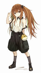 Rule 34 | 1girl, aged down, black footwear, black socks, blush, boots, brown eyes, brown hair, character print, closed mouth, commentary request, full body, girls&#039; frontline, head tilt, highres, long hair, numazume, official alternate costume, scar, scar across eye, scar on face, shirt, shorts, silhouette, simple background, smile, socks, solo, standing, suspender shorts, suspenders, twintails, ump9 (girls&#039; frontline), ump9 (shiba investigator) (girls&#039; frontline), very long hair, white background, white shirt