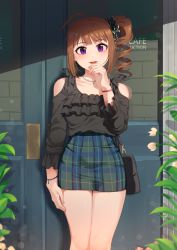 Rule 34 | 1girl, ahoge, bag, black scrunchie, black shirt, blue skirt, bracelet, brown hair, carrying, clothing cutout, commentary request, cowboy shot, drill hair, english text, frilled shirt collar, frilled sleeves, frills, hair ornament, hair scrunchie, handbag, highres, idolmaster, idolmaster million live!, jewelry, kamille (vcx68), long sleeves, looking at viewer, medium hair, miniskirt, necklace, open mouth, pencil skirt, plaid, plaid skirt, plant, purple eyes, scrunchie, shirt, shoulder cutout, side drill, side ponytail, skirt, smile, solo, standing, yokoyama nao