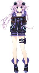Rule 34 | 10s, 1girl, adult neptune, bdsm, bondage, boots, bound, collar, collarbone, d-pad, full body, hair ornament, highres, hood, hooded track jacket, jacket, long hair, looking at viewer, neptune (neptunia), neptune (series), official art, purple eyes, purple hair, shin jigen game neptune vii, simple background, smile, solo, thigh strap, third-party edit, track jacket, tsunako, white background