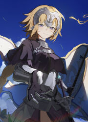 Rule 34 | 1girl, absurdres, armor, armored dress, banner, blonde hair, braid, breasts, chain, cmi, fate/grand order, fate (series), faulds, flag, gauntlets, headpiece, highres, jeanne d&#039;arc (fate), jeanne d&#039;arc (ruler) (fate), large breasts, long braid, long hair, looking at viewer, plackart, purple eyes, single braid, smile, solo, standard bearer, very long hair