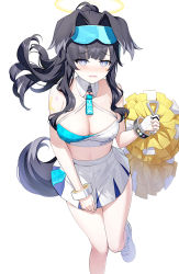 Rule 34 | 1girl, animal ears, bare shoulders, black hair, blue archive, blush, breasts, cheerleader, cleavage, commentary request, dog ears, dog girl, dog tail, eyewear on head, feet out of frame, floating hair, gloves, goggles, goggles on head, halo, hibiki (blue archive), hibiki (cheer squad) (blue archive), highres, holding, holding pom poms, large breasts, long hair, looking at viewer, midriff, millennium cheerleader outfit (blue archive), navel, parted lips, pom pom (cheerleading), pom poms, ponytail, ririko (zhuoyandesailaer), shoes, shorts, simple background, skirt, skirt tug, sneakers, socks, solo, standing, standing on one leg, sticker on arm, sticker on face, tail, thighs, wavy mouth, white background, white footwear, white gloves, white socks