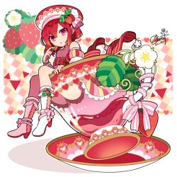 Rule 34 | 1girl, bare shoulders, cup, elina (e2n04n), food, footwear ribbon, fruit, hat, original, red hair, saucer, skirt, solo, strawberry, strawberry hat ornament, teacup