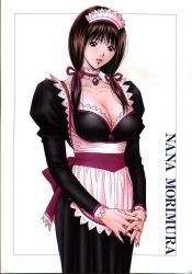 Rule 34 | 1girl, apron, breasts, brown eyes, brown hair, choker, cleavage, collarbone, covered erect nipples, female focus, fingernails, g-taste, highres, large breasts, looking at viewer, maid, maid apron, maid headdress, morimura nana, nail polish, open mouth, see-through, simple background, smile, solo, twintails, yagami hiroki