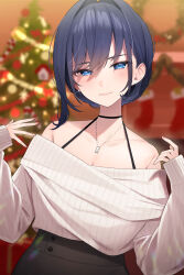 Rule 34 | 1girl, absurdres, alternate costume, alternate hairstyle, aotake iro, asymmetrical sidelocks, bare shoulders, black skirt, blue eyes, blue hair, blurry, blurry background, blush, christmas tree, closed mouth, collarbone, commentary, earrings, english commentary, fur-trimmed socks, hair behind ear, hair intakes, halterneck, hands up, high-waist skirt, highres, hololive, hololive english, jewelry, looking at viewer, necklace, off-shoulder shirt, off shoulder, ouro kronii, red socks, ribbed shirt, shirt, short hair, skirt, smile, socks, solo, sparkle, stud earrings, upper body, virtual youtuber, white shirt