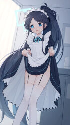Rule 34 | 1girl, absurdres, alternate costume, apron, apron lift, aris (blue archive), aris (maid) (blue archive), black dress, black hair, blue archive, blue eyes, blush, clothes lift, collared dress, day, dress, dress lift, embarrassed, enmaided, garter straps, halo, hands up, highres, indoors, knees together feet apart, legs, lifting own clothes, long hair, looking at viewer, maid, maid apron, maid headdress, official alternate costume, open mouth, panties, ponytail, solo, standing, thighhighs, underwear, very long hair, white apron, white panties, wo you yibei jia wanli