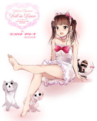 Rule 34 | 1girl, :d, animal ears, barefoot, blush, bow, brown eyes, brown hair, cat, cat ears, cat tail, character name, choker, collarbone, dated, dress, english text, fake animal ears, fake tail, feet, kaiga, long hair, motsu (m.o.v.e), open mouth, original, outstretched leg, real life, ribbon choker, sitting, skirt, smile, soles, solo, tail, tamura yukari, toes, twintails, white dress, white skirt