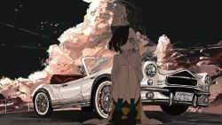 Rule 34 | 1girl, black hair, blouse, blue bow, blue socks, bow, brown shorts, car, closed mouth, cloud, collared shirt, cumulonimbus cloud, flock, green eyes, hair bow, hair over shoulder, highres, legs together, long shirt, long sleeves, looking at viewer, motor vehicle, multicolored hair, narue, one eye covered, original, outdoors, shirt, short shorts, shorts, signature, socks, solo, squatting, striped clothes, striped shirt, two-tone hair, vehicle focus, wide-eyed, wing collar