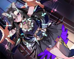 Rule 34 | 1girl, ahoge, animal ears, black hair, black shirt, black skirt, breasts, brooch, bubble, closed mouth, dutch angle, feet out of frame, highres, indie virtual youtuber, jewelry, large breasts, looking at viewer, magic, purple eyes, rima evenstar, shirt, single thighhigh, skirt, sleeveless, sleeveless shirt, smile, solo, thighhighs, usahana101, virtual youtuber