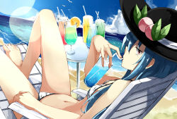 Rule 34 | 1girl, arm rest, bare shoulders, barefoot, beach, bikini, bird, blue hair, blue sky, breasts, chair, cloud, cup, day, deetamu, drink, drinking, drinking glass, drinking straw, food, fruit, hat, hinanawi tenshi, knee up, lens flare, long hair, lounge chair, lying, ocean, on back, outdoors, peach, red eyes, sand, seagull, sky, small breasts, solo, swimsuit, table, touhou, white bikini