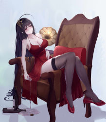 Rule 34 | 1girl, absurdly long hair, absurdres, ahoge, alcohol, azur lane, black hair, black thighhighs, breasts, chair, champagne, champagne flute, cleavage, cocktail dress, collarbone, crossed bangs, cup, dress, drinking glass, evening gown, full body, hair between eyes, hair ornament, high heels, highres, kujira (8284), lace, lace-trimmed legwear, lace trim, large breasts, long hair, looking at viewer, official alternate costume, phonograph, pouring, red dress, red eyes, red footwear, red wine, shoe dangle, shoes, simple background, sitting, sleeveless, sleeveless dress, solo, spill, taihou (azur lane), taihou (forbidden feast) (azur lane), thighhighs, very long hair