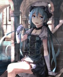 Rule 34 | 1girl, architecture, arm support, asymmetrical legwear, bad id, bad nicoseiga id, black thighhighs, blue eyes, blue hair, boots, bow, choker, commentary request, cross-laced clothes, dress, elbow gloves, fantasy, frilled dress, frills, gloves, hat, hat bow, holding, holding hair, jewelry, lee-chan (saraki), lee (saraki), long hair, looking at viewer, matching hair/eyes, open mouth, original, pendant, petticoat, plant, puffy short sleeves, puffy sleeves, ruins, saraki, scenery, shade, shadow, short sleeves, sitting, smile, solo, stairs, sunlight, thighhighs, uneven legwear, vines, water, white gloves