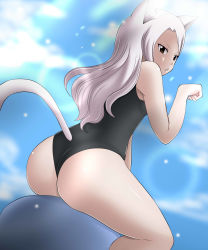 Rule 34 | 1girl, absurdres, animal ears, animal print, ass, brown eyes, cat ears, cat tail, charle (fairy tail), dimples of venus, dmayaichi, fairy tail, highres, one-piece swimsuit, simple background, solo, swimsuit, tail, white hair