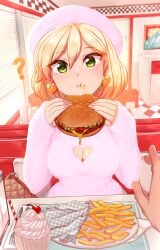 Rule 34 | 1boy, 1girl, :i, ?, bag, blonde hair, breasts, burger, cleavage, cleavage cutout, clothing cutout, earrings, food, food on face, french fries, green eyes, handbag, hat, heart cutout, highres, indoors, jewelry, large breasts, looking at viewer, medium breasts, merunyaa, milkshake, nail polish, original, out of frame, pink nails, pov, pov across table, pov hands, sammy (bestsammy), short hair, sitting, sleeves past wrists, solo focus