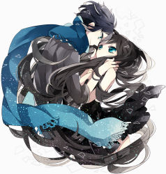 Rule 34 | 1boy, 1girl, aqua eyes, bad id, bad pixiv id, black hair, blue scarf, chidori (@rom), couple, eye contact, forehead-to-forehead, hand on another&#039;s cheek, hand on another&#039;s face, heads together, hetero, long hair, looking at another, original, scarf, short hair