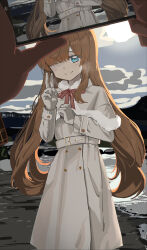 Rule 34 | 1girl, absurdres, anisakisu, blue eyes, blue sky, blunt bangs, breath, brown hair, capelet, closed mouth, cloud, coat, cowboy shot, gloves, hair over one eye, hand up, highres, holding, holding phone, kiratto pri chan, long hair, long sleeves, looking at viewer, neck ribbon, nervous smile, nijinosaki dia, outdoors, parted hair, phone, pov, pov hands, pretty series, red ribbon, ribbon, sky, smile, standing, taking picture, v, very long hair, water, white capelet, white coat, white gloves