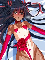 Rule 34 | 1girl, aoi nagisa (metalder), bed, breasts, breath, brown hair, censored, curvy, embarrassed, female focus, gloves, hair between eyes, hair ribbon, happy valentine, heart, heavy breathing, highres, lilith-soft, long hair, looking at viewer, lying, mizuki yukikaze, naked ribbon, nipples, nude, official art, on bed, one-piece tan, pasties, pink eyes, ribbon, shiny skin, small breasts, solo, taimanin (series), taimanin yukikaze, tan, tanline, thighs, twintails, valentine, very long hair