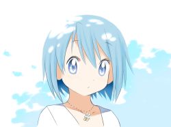 Rule 34 | 1girl, blue background, blue eyes, blue hair, blue theme, close-up, closed mouth, collarbone, commentary, dot nose, english commentary, expressionless, eyelashes, fortissimo, gloamy, hair between eyes, highres, jewelry, light blush, looking at viewer, mahou shoujo madoka magica, mahou shoujo madoka magica (anime), miki sayaka, necklace, shaded face, shirt, short hair, simple background, solo, tareme, two-tone background, upper body, v-neck, white background, white shirt, wide-eyed