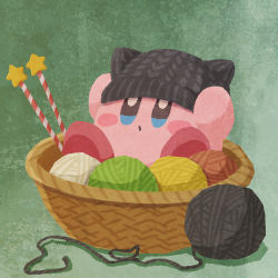 Rule 34 | basket, beanie, commentary request, hat, highres, kirby, kirby (series), knitting needle, miclot, needle, nintendo, no humans, sitting, yarn, yarn ball