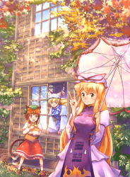 Rule 34 | 3girls, animal ears, autumn leaves, blonde hair, blue eyes, blue sky, book, breasts, brown eyes, brown hair, bush, cat ears, cat tail, chen, day, dress, fox tail, garden, grass, green hat, hat, holding, holding book, large breasts, long hair, long sleeves, looking at viewer, mary janes, mob cap, multiple girls, notebook, open mouth, outdoors, parasol, plant, puffy sleeves, reflection, shiizako you, shoes, sky, smile, socks, sunlight, tabard, tail, touhou, tree, umbrella, v, white dress, wind chime, window, yakumo ran, yakumo yukari, yellow eyes