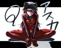 Rule 34 | 10s, 1girl, animal ears, animal hat, bad id, bad pixiv id, black hat, blue eyes, bodysuit, bodysuit under clothes, cat ears, cat hat, character name, copyright name, evangelion: 3.0 you can (not) redo, eyepatch, fake animal ears, full body, glowing, hair between eyes, hat, highres, isshi pyuma, jacket, letterboxed, long hair, long legs, neon genesis evangelion, orange hair, plugsuit, rebuild of evangelion, simple background, solo, souryuu asuka langley, spread legs, track jacket, two side up, white background