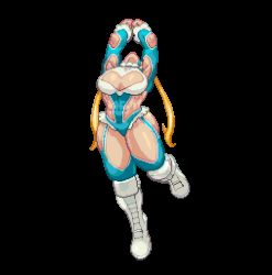 Rule 34 | 1girl, abs, animated, animated gif, blonde hair, blue eyes, boots, bouncing breasts, breasts, cleavage, cleavage cutout, clothing cutout, domino mask, heart cutout, large breasts, long hair, lowres, mask, muscular, muscular female, pixel art, rainbow mika, revealing clothes, solo, street fighter, street fighter v, thick thighs, thighs, transparent background, twintails, white footwear, wide hips, wrestling outfit, yaa