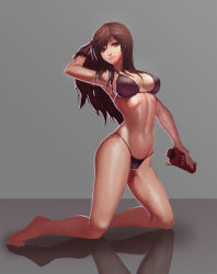 Rule 34 | 1girl, arm up, armpits, bikini, breasts, brown eyes, brown hair, full body, grey background, ruffling hair, highres, kneeling, long hair, looking at viewer, navel, original, ray (nagaseray), reflection, simple background, smile, solo, swimsuit