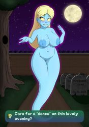 Rule 34 | 1girl, absurdres, artist name, belly, blue skin, breasts, brick wall, collarbone, colored skin, dated, dialogue box, english text, full body, full moon, ghost, ghost tail, glowing, grass, graveyard, grin, hands up, highres, inverted nipples, keyboard-draws, large areolae, large breasts, long hair, looking at viewer, luigi&#039;s mansion, mario (series), melody pianissima, moon, navel, night, nintendo, no pupils, nose, nude, open hands, outdoors, outline, outstretched hand, parted bangs, platinum blonde hair, purple outline, pussy, reaching, reaching towards viewer, sky, smile, solo, spirit, star (sky), starry sky, thick eyebrows, thighs, tombstone, tree, uncensored, walkway, wide hips, yellow eyes