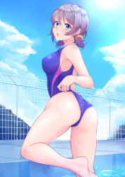 Rule 34 | 1girl, :o, adjusting clothes, adjusting swimsuit, alternate hairstyle, ass, back cutout, blue eyes, blue one-piece swimsuit, breasts, clothing cutout, cloud, cloudy sky, competition swimsuit, covered erect nipples, day, fence, grey hair, hair ornament, hair scrunchie, highleg, highleg swimsuit, highres, kanabun, looking at viewer, looking back, love live!, love live! sunshine!!, medium breasts, one-piece swimsuit, open mouth, orange scrunchie, pool, poolside, scrunchie, short hair, sky, solo, swimsuit, thighs, twintails, watanabe you, water, wedgie, wet, | |