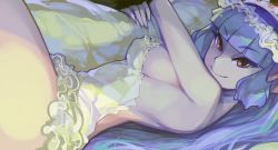Rule 34 | 1girl, blunt bangs, breasts, celia (chaos code), chaos code, covered erect nipples, female focus, hairband, highres, large breasts, lolita hairband, long hair, looking at viewer, lying, nightgown, hugging object, official art, pillow, pillow hug, purple hair, red eyes, sideboob, solo, woofycakes