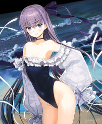 Rule 34 | 1girl, armpits, artist name, bare shoulders, blue eyes, blue one-piece swimsuit, choker, collarbone, covered navel, cowboy shot, fate/grand order, fate (series), frills, furrowed brow, hair ribbon, highres, light purple hair, long hair, long sleeves, looking at viewer, meltryllis, meltryllis (fate), meltryllis (swimsuit lancer) (fate), meltryllis (swimsuit lancer) (second ascension) (fate), one-piece swimsuit, puffy sleeves, ribbon, smile, solo, standing, sweat, swimsuit, thighs, very long hair, yadapot